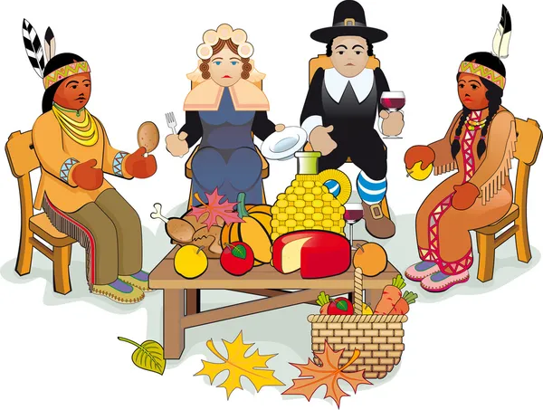感恩节的朝圣者和印度夫妇 — 图库矢量图片