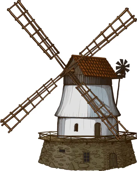 Moulin à vent dessiné dans une méthode semblable à la coupe de bois — Image vectorielle