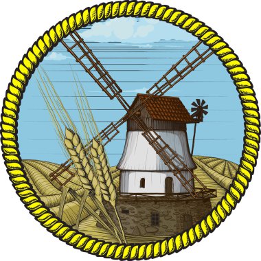 Label windmill drawn in a woodcut like method clipart