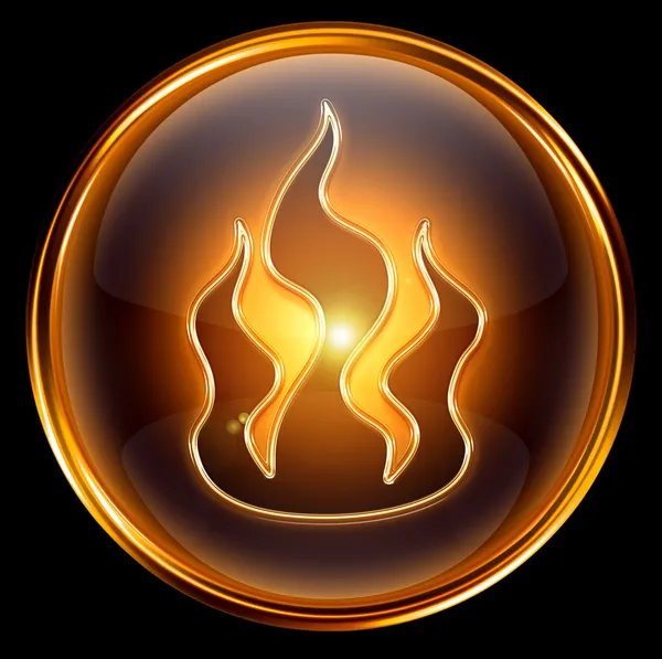 Fire icon gold isolated on black background — Stock Photo, Image