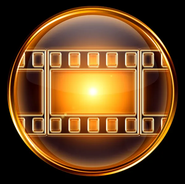 Icono de vídeo dorado, aislado sobre fondo negro — Foto de Stock
