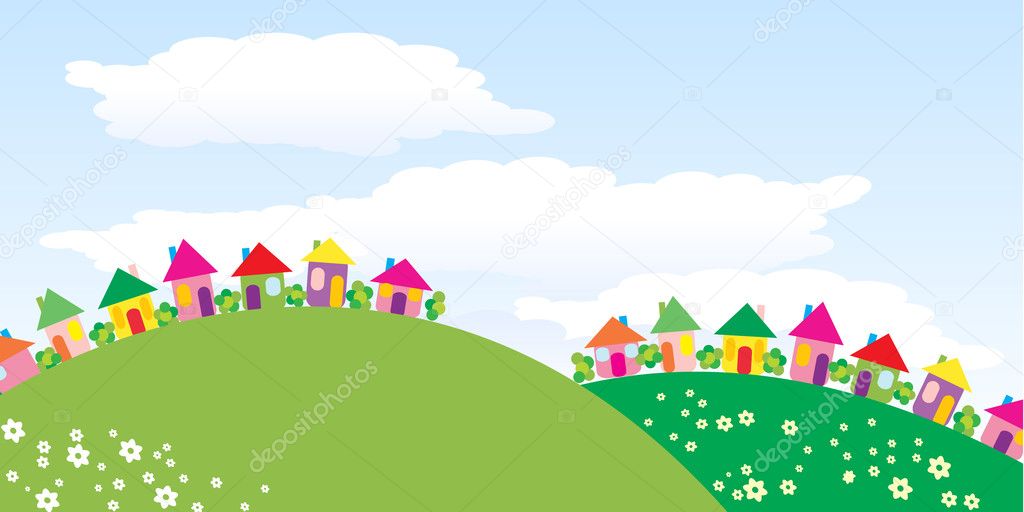 Beautiful village, town or neighborhood on green hills