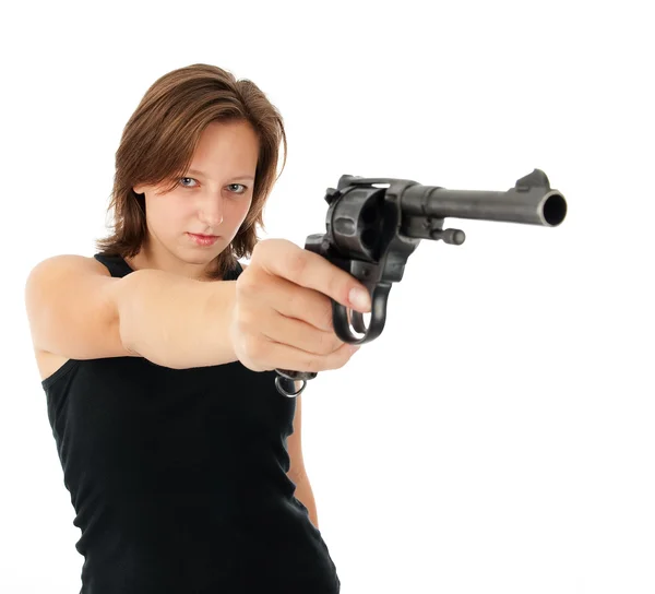 銃を持った若い女性は — ストック写真