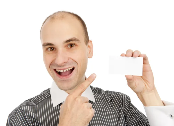 Geschäftsmann zeigt leere Visitenkarte — Stockfoto