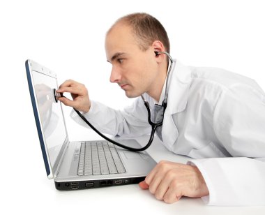 Doctor with stethoscope fixing laptop clipart