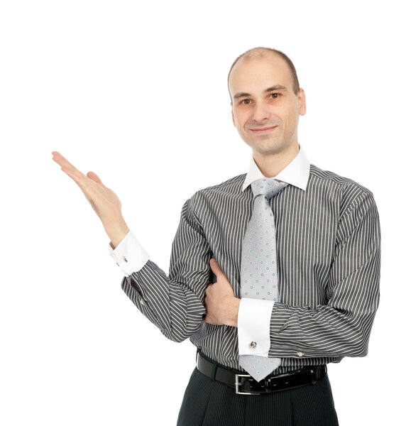 Business man presenting over a white background
