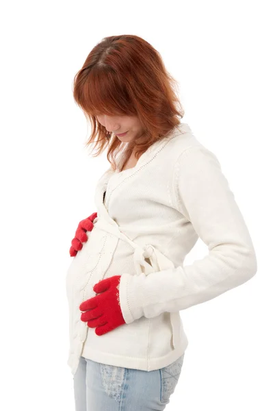 Young pregnant girl put her hands on her stomach — Stock Photo, Image