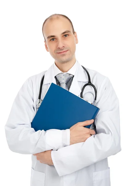Gelukkig mannelijke arts in laboratoriumjas — Stockfoto