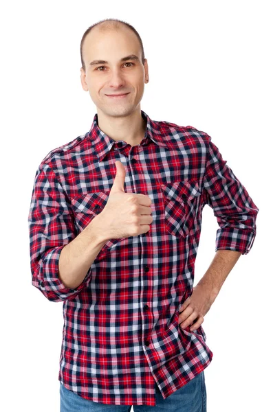 Baş parmağını gösterilen tişörtlü adam — Stok fotoğraf