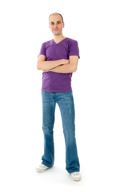 Happy young man with positive expression standing full length isolated on white background clipart