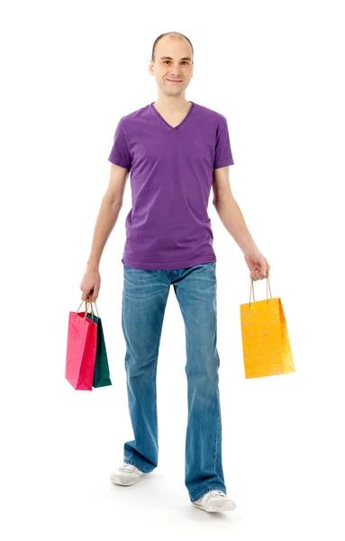 Homem Com Sacos Compras Isolados Branco — Fotografia de Stock