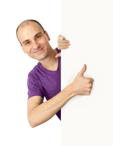 手持男子 一个垂直的广告牌 显示他的拇指 — 图库照片