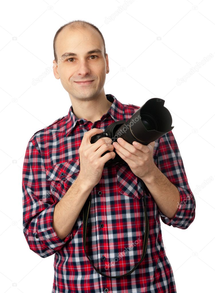 Photographer, young man with professional camera