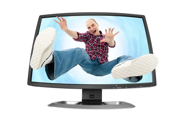 Klesající mladý muž do obrazovky — Stock fotografie