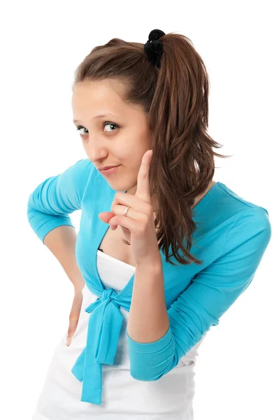 Atraktivní dospívající dívka svým prstem nahoru — Stock fotografie