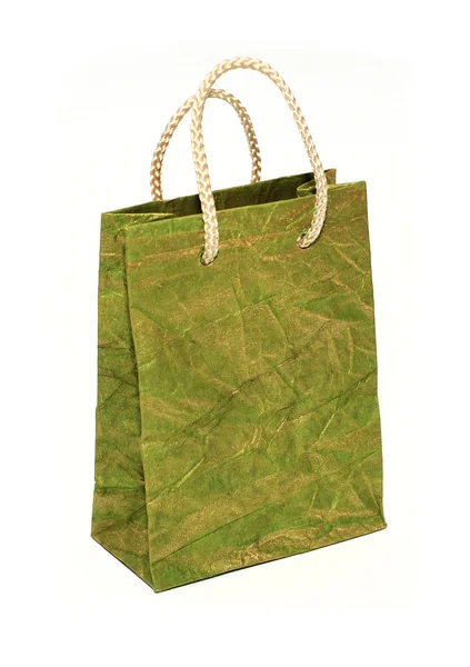 Saco de compras verde no fundo branco isolado — Fotografia de Stock