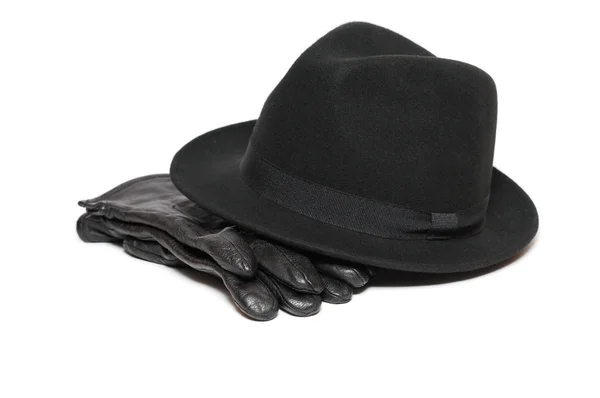 Felt Hat Pair Leather Gloves White Background — Stock Photo, Image