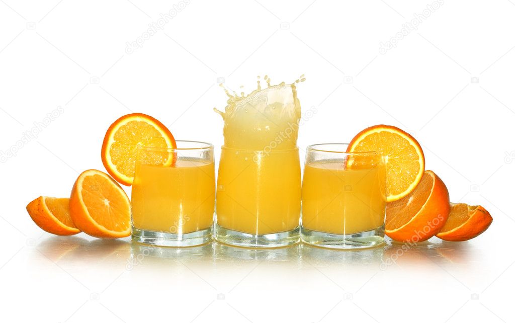 Fruit Juice Glasses Splashing Isolated On White Stock Photo