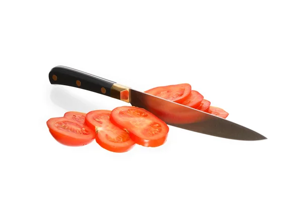 Kitchen Knife Cutting Tomato Icolated White Clipping Path — Stock Photo, Image