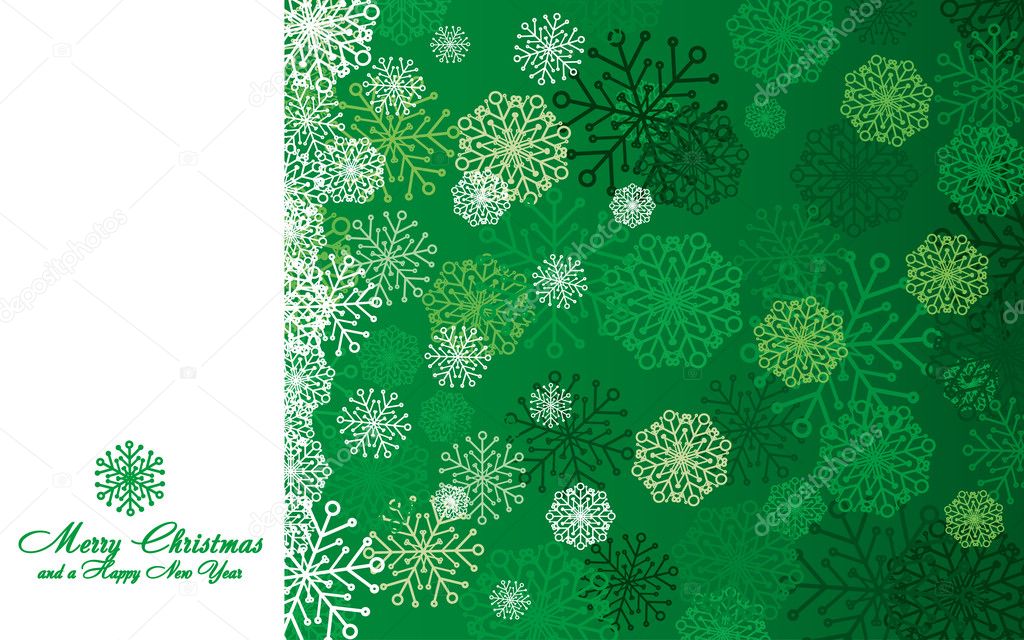 Green Christmas card with snowflakes, vector illustration