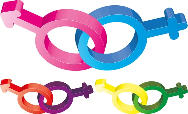 交差キラキラ セックス標識の設定 男性と女性のシンボル 青とピンク バレンタインの日や愛のアイコンに囲まれたベクトル イラスト — ストックベクタ
