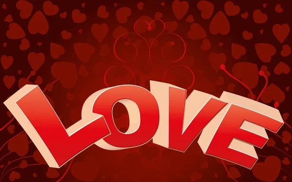 큰 사랑 단어와 곱슬 빨간 발렌타인 카드 — 스톡 벡터
