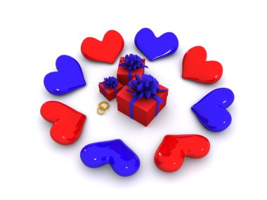 Blue and red hearts around gifts. 3d clipart