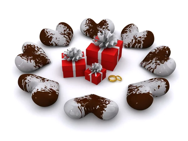 Cuori Cioccolato Intorno Regali — Foto Stock