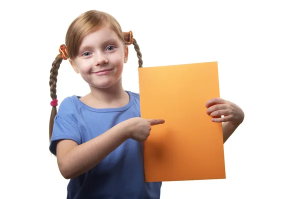 Little Funny Girl Orange Sheet Paper Hands Isolated White Background — Stock Photo, Image