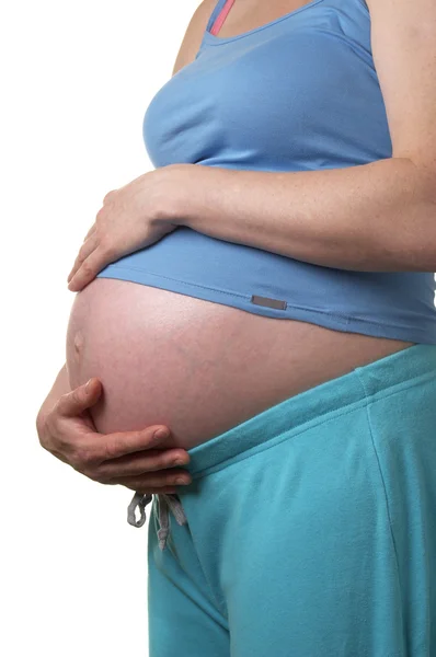 Schwangerschaftsprofil Mit Den Händen Auf Dem Bauch Vor Weißem Hintergrund — Stockfoto