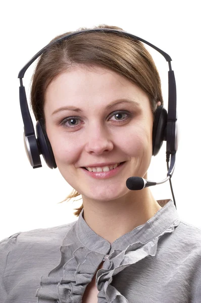 Friendly Call Center Support Service Operator Girl Isolated White Background — Stock Photo, Image