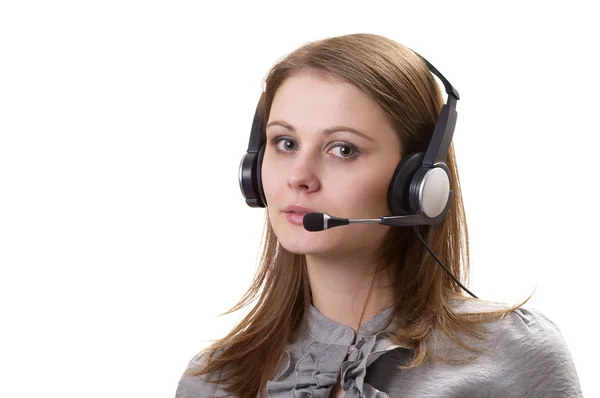 Friendly Call Center Support Service Operator Girl Isolated White Background — Stock Photo, Image
