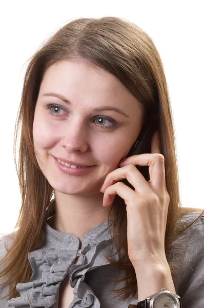 Jonge Volwassen Vrouw Gesprek Met Een Mobiele Telefoon Portret — Stockfoto