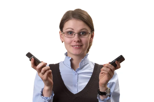 Junge Erwachsene Frau Auf Abruf Mit Zwei Handys Porträt — Stockfoto