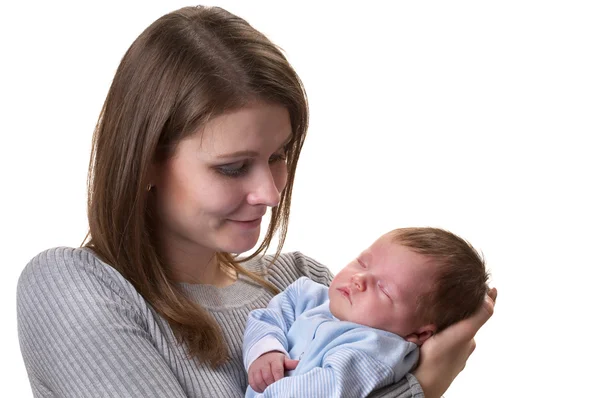 Moeder Haar Slapende Pasgeboren Baby Geïsoleerd Witte Achtergrond — Stockfoto