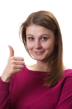 Young woman in purple sweater gesturing little finger thumb up isolated over white background clipart