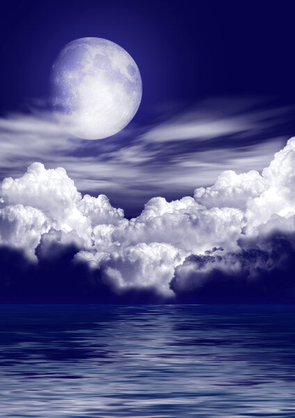 The moon in clouds over water