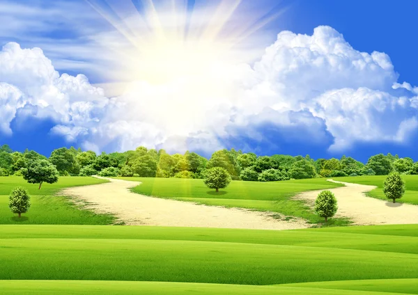 阳光灿烂的日子蓝色的天空和绿色的林间空地 — 图库照片