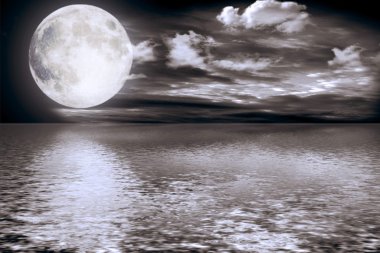 The full moon in clouds reflected in water clipart