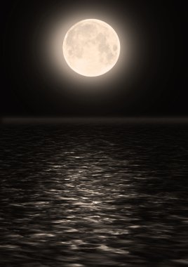 The full moon in the night sky over water clipart