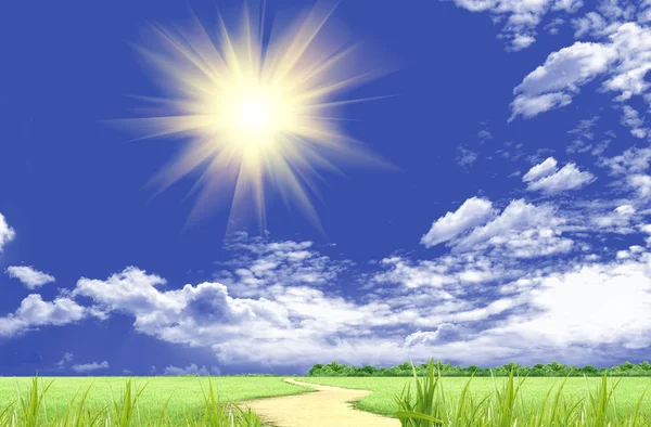 Сонце Хмарах Блакитному Небі Зелена Галявина — стокове фото