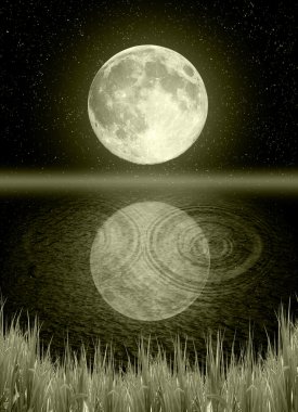 The full moon in the night sky reflected in water clipart