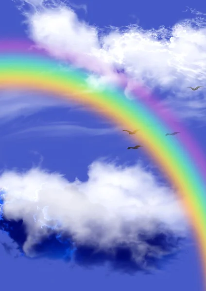 Regnbue i skyer og fugler – stockfoto