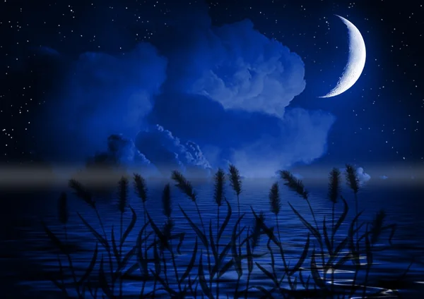 ครึ่งหนึ่งของดวงจันทร์ในท้องฟ้าสีฟ้ามืด — ภาพถ่ายสต็อก