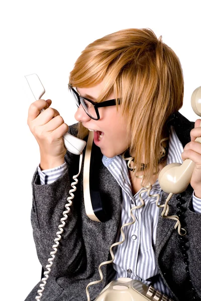 Businesswoman with three phones — Stock Photo, Image
