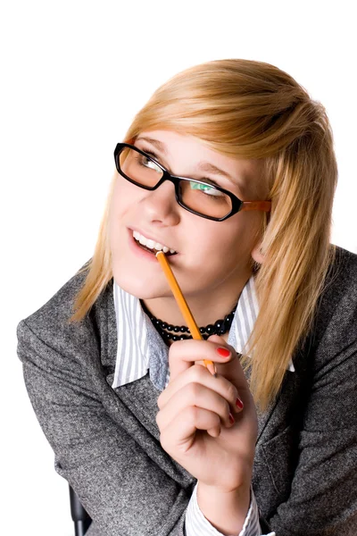 Молодая предпринимательница с карандашом — стоковое фото