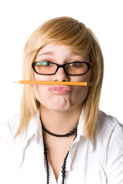 Молодая предпринимательница с карандашом — стоковое фото