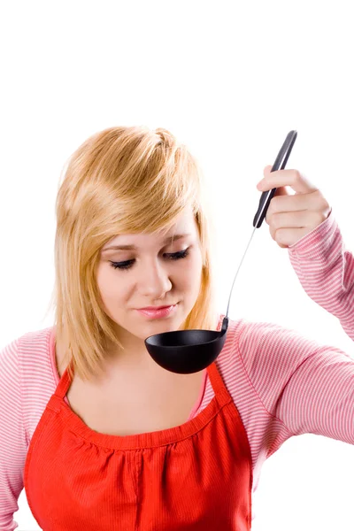 Young housewife with soup ladle — Stock Photo, Image