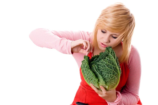 Woman with fresh savoy cabbage — Stock Photo, Image