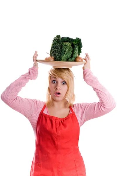 Woman with fresh savoy cabbage and onions — Stock Photo, Image
